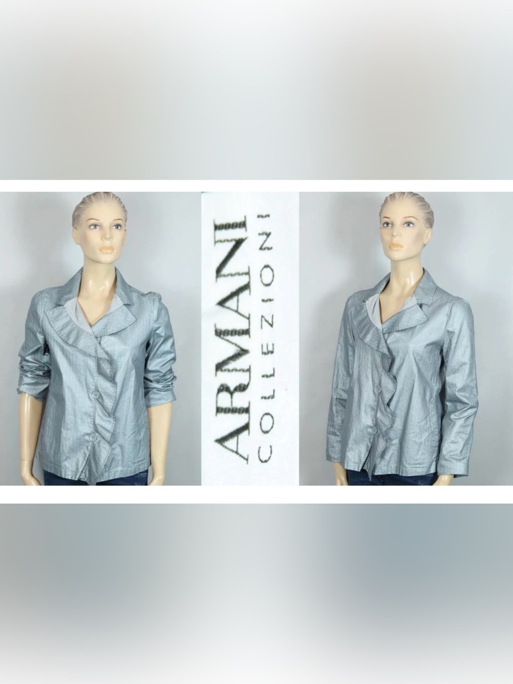 ARMANI COLLEZIONI Rain Jacket Metallic Blue Coated Linen Designer Ruffle 6